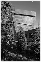 Hamon Tower and moon, late afternoon, De Young Museum. San Francisco, California, USA (black and white)