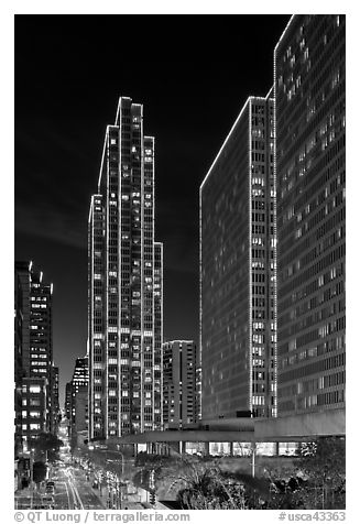 Embarcadero Center high-rises with Christmas illuminations. San Francisco, California, USA (black and white)