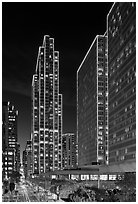 Embarcadero Center high-rises with Christmas illuminations. San Francisco, California, USA (black and white)