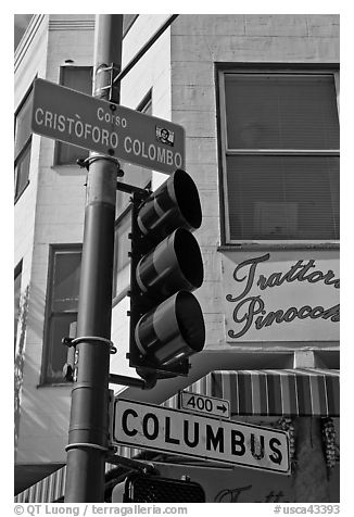 Traffic light and signs, Little Italy, North Beach. San Francisco, California, USA