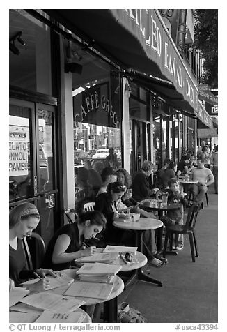 Cafe outdoor sitting, Little Italy, North Beach. San Francisco, California, USA (black and white)