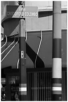 Italian flags painted on lamp posts and name of street in Italian, Little Italy, North Beach. San Francisco, California, USA ( black and white)