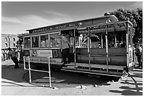 Cable car being turned at terminus. San Francisco, California, USA (black and white)