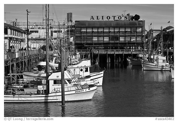 Aliotos restaurant and fishing fleet, Fishermans wharf. San Francisco, California, USA