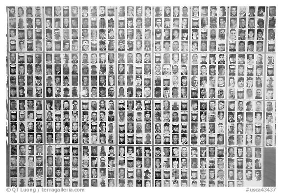 Photos of soldiers fallen in Iraq, Arlington West. Santa Monica, Los Angeles, California, USA (black and white)