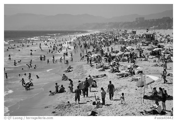 Crowded beach in summer. Santa Monica, Los Angeles, California, USA