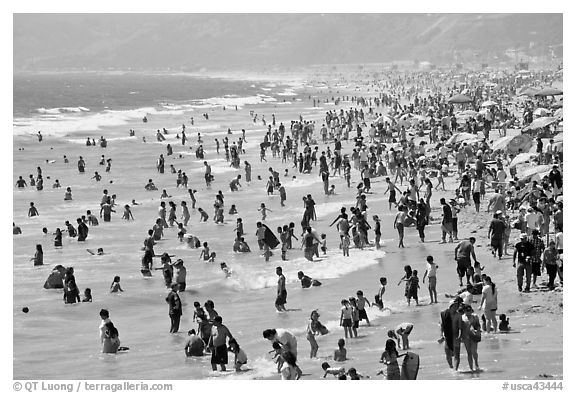 Crowds of beachgoers in water. Santa Monica, Los Angeles, California, USA (black and white)