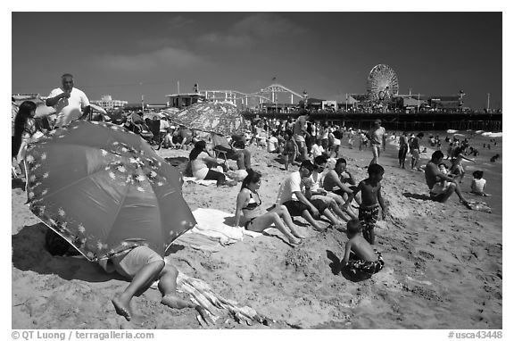 Beach unbrellas and Santa Monica Pier. Santa Monica, Los Angeles, California, USA