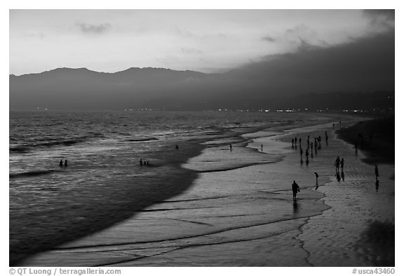 Beach with purple color at sunset. Santa Monica, Los Angeles, California, USA (black and white)