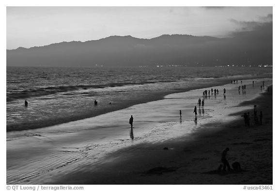 Beach and Santa Monica Mountains at sunset. Santa Monica, Los Angeles, California, USA