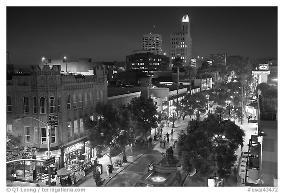 Night view from above of Third Street Promenade. Santa Monica, Los Angeles, California, USA (black and white)