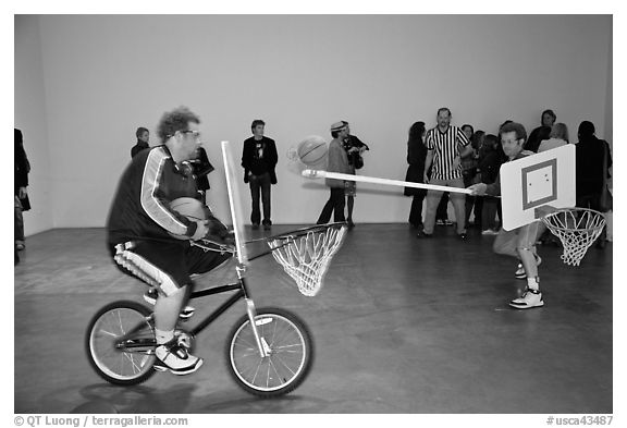 Performance art inside a gallery, Bergamot Station. Santa Monica, Los Angeles, California, USA (black and white)