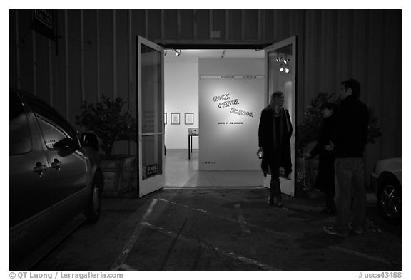 Gallery entrance at night, Bergamot Station. Santa Monica, Los Angeles, California, USA (black and white)