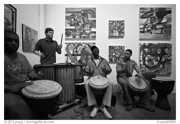 Alan Tarbell, his artworks, and African drums that inspired him, Bergamot Station. Santa Monica, Los Angeles, California, USA (black and white)