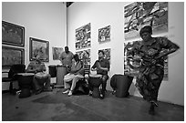 African drums and dance inside art gallery, Bergamot Station. Santa Monica, Los Angeles, California, USA ( black and white)