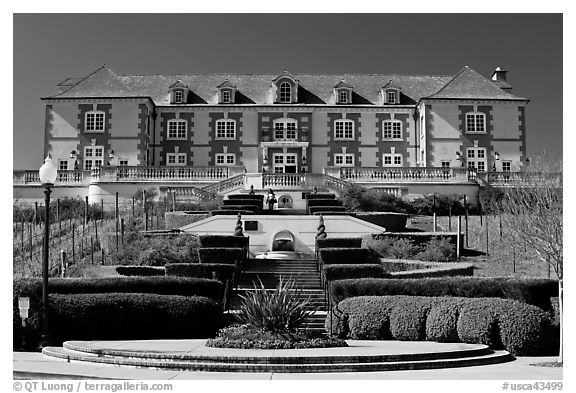 Domain Carneros winery in Louis XV chateau style. Napa Valley, California, USA (black and white)