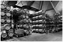 Winery barrel room and forklift. Napa Valley, California, USA ( black and white)