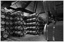 Wine barrels in aging room. Napa Valley, California, USA ( black and white)