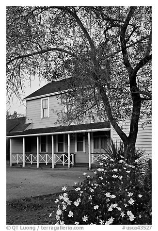 Historic building at dusk, Somoma Historical state park. Sonoma Valley, California, USA (black and white)