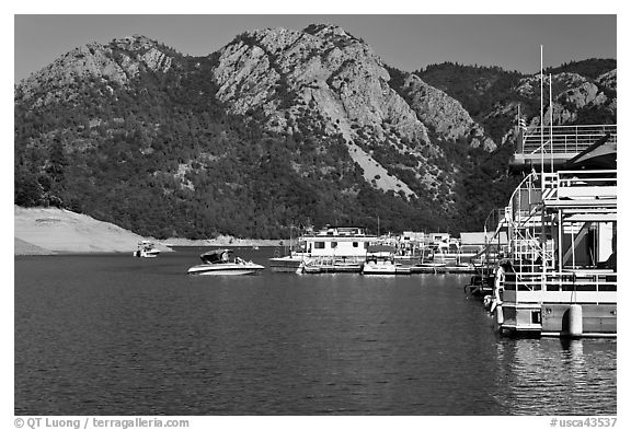 Boats in marina, Shasta Lake. California, USA (black and white)