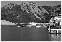 Boats in marina, Shasta Lake. California, USA (black and white)