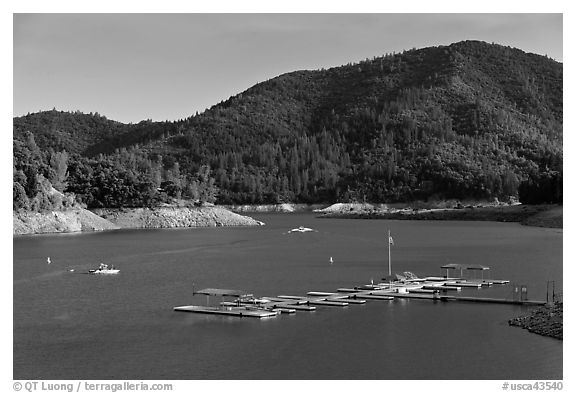 Deck and boats, Shata Lake. California, USA (black and white)