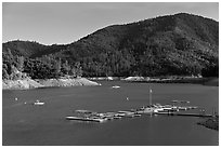 Deck and boats, Shata Lake. California, USA (black and white)