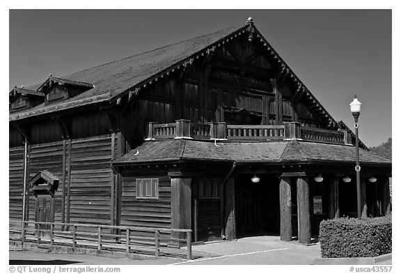 Historic building made of redwood, Scotia. California, USA (black and white)