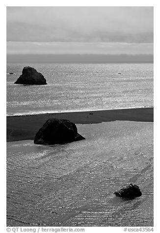 Shimmering waters, Mouth of the Russian River, Jenner. Sonoma Coast, California, USA (black and white)