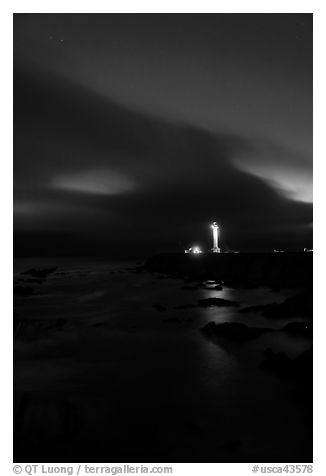 Point Arena Lighthouse and stary sky. California, USA (black and white)