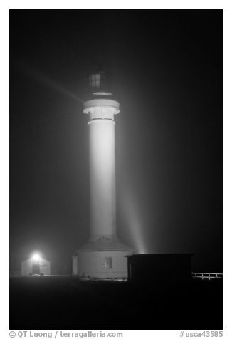 Point Arena Lighthouse on foggy night. California, USA (black and white)