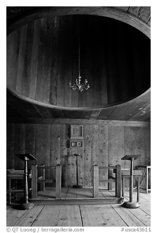Inside chapel, Fort Ross Historical State Park. Sonoma Coast, California, USA (black and white)