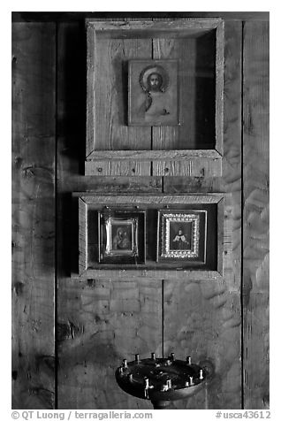 Christian orthodox icons, Fort Ross Historical State Park. Sonoma Coast, California, USA (black and white)