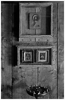 Christian orthodox icons, Fort Ross Historical State Park. Sonoma Coast, California, USA (black and white)