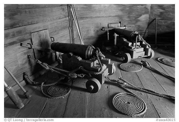 Cannons inside gun room,  Fort Ross Historical State Park. Sonoma Coast, California, USA (black and white)