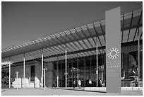 Facade and sign, California Academy of Sciences, Golden Gate Park. San Francisco, California, USA (black and white)