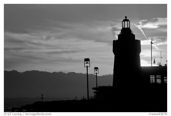 Lighthouse, yacht club, sunrise. San Francisco, California, USA (black and white)