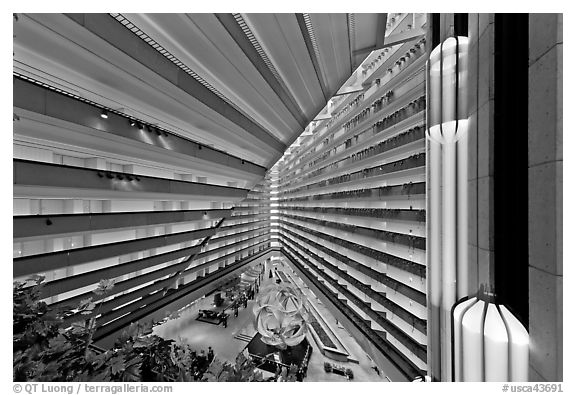 Elevators and Hyatt Grand Regency inside. San Francisco, California, USA (black and white)