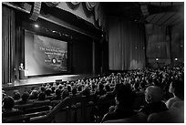 Palace of Fine Arts Theater, with Dayton Duncan presenting new documentary film. San Francisco, California, USA (black and white)