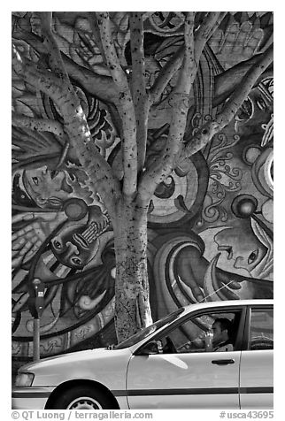Man smoking in car, tree, and mural, Mission District. San Francisco, California, USA (black and white)