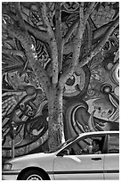 Man smoking in car, tree, and mural, Mission District. San Francisco, California, USA (black and white)