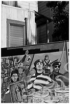 Political mural and facade detail, Mission District. San Francisco, California, USA (black and white)