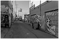 Alley (Lilac) with many murals and decorated garage doors, Mission District. San Francisco, California, USA (black and white)