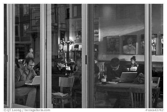 Cafe seen through windows, Mission District. San Francisco, California, USA (black and white)