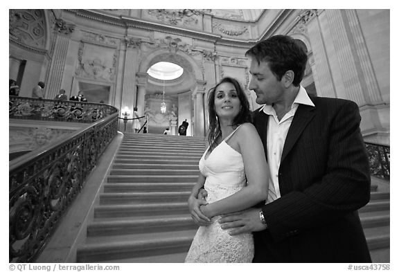 Bride and groom posing before wedding ceremony. San Francisco, California, USA