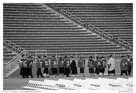 Parade of graduates during the wacky walk. Stanford University, California, USA (black and white)