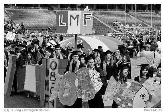 Wacky walk, Stanford commencement. Stanford University, California, USA (black and white)