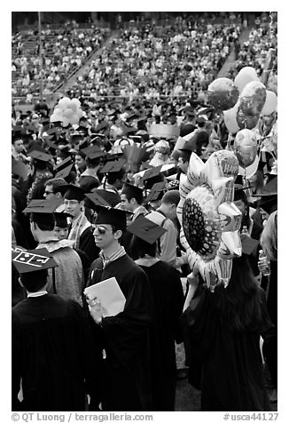 Graduating students celebrating commencement. Stanford University, California, USA (black and white)