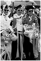 Students dressed up in creative costumes giving thanks to parents. Stanford University, California, USA ( black and white)