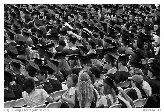 Graduates in academic regalia. Stanford University, California, USA (black and white)